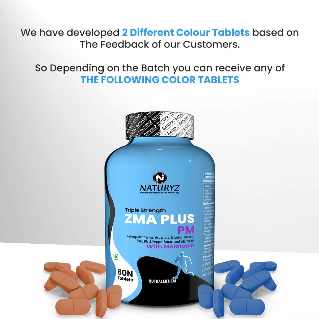 Naturyz Triple Strength ZMA Plus PM supplement bottle with orange and blue tablets on a gray background