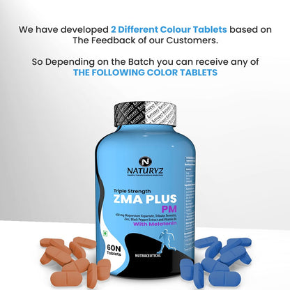 Naturyz Triple Strength ZMA Plus PM supplement bottle with orange and blue tablets on a gray background