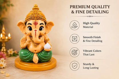 VASPAR Cute Baby Ganesha Idol for Car Dashboard | Premium Lord Ganesh Murti | Mini Ganpati Statue for Home Decor, Office Desk & Pooja Room | Spiritual Gift | Green