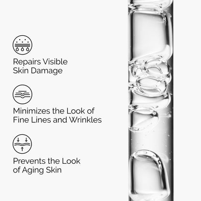 Skincare product with text highlighting its benefits on a white background