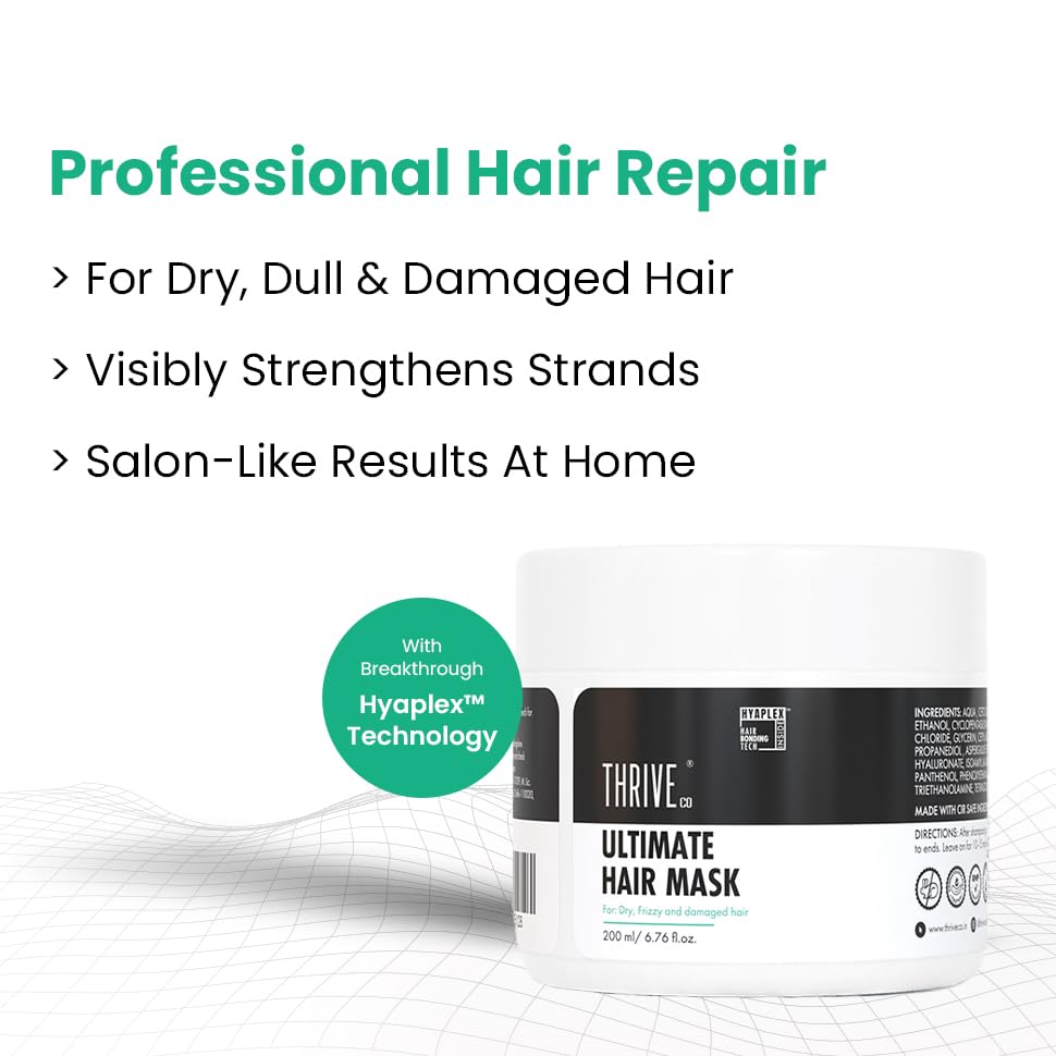 Hair mask container with text highlighting benefits on a white background