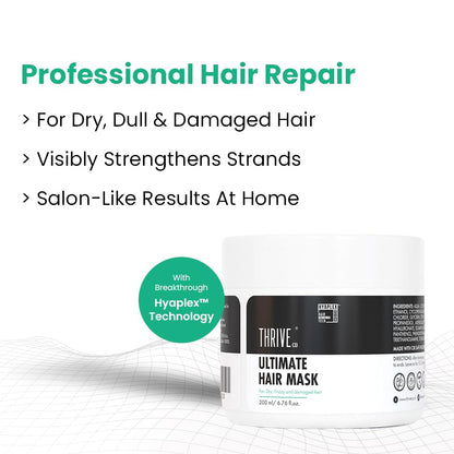 Hair mask container with text highlighting benefits on a white background