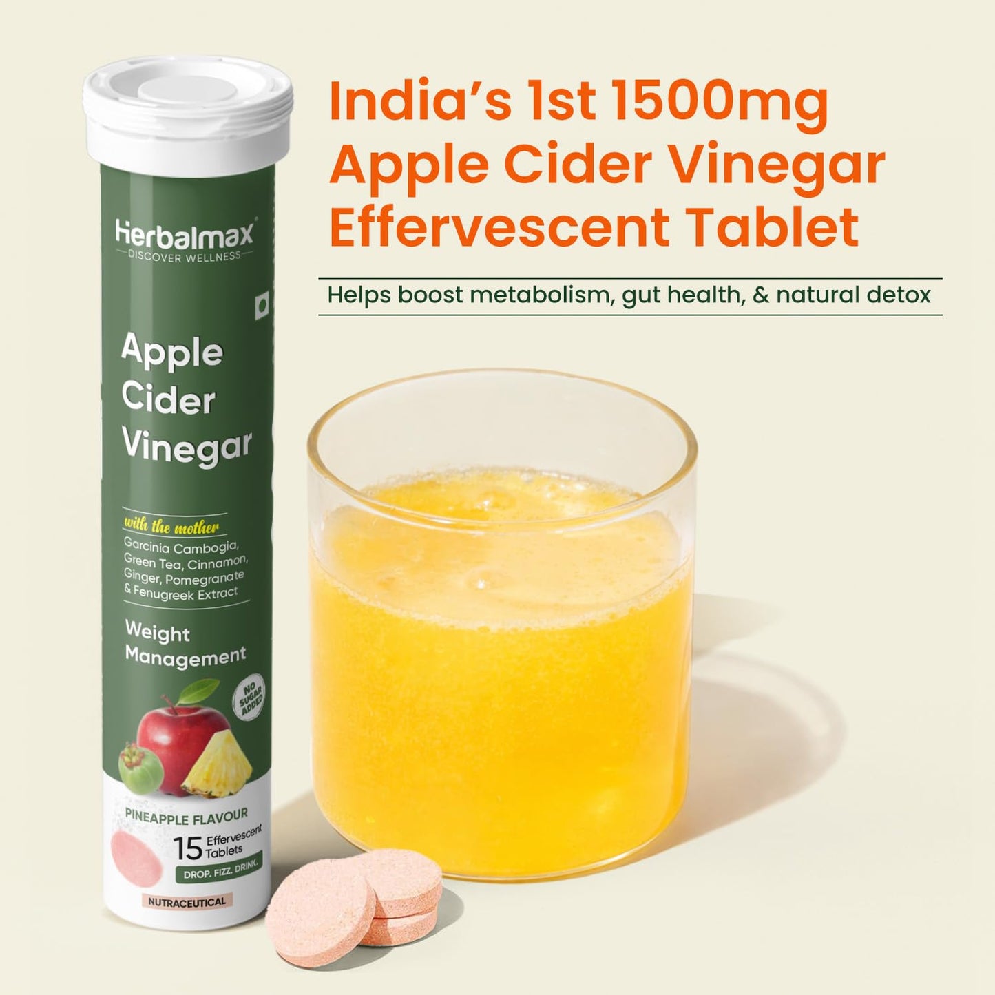 Herbalmax Apple Cider Vinegar supplement with a glass of effervescent tablet and juice on a beige background.