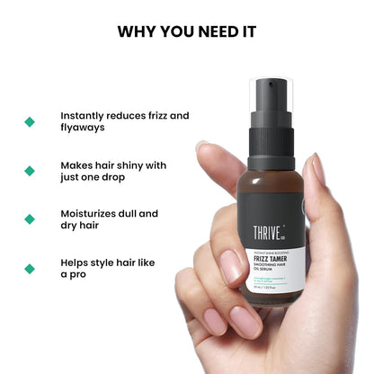 Hand holding a bottle of Thrive hair product with features listed on a white background