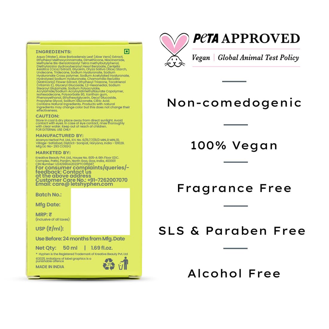 Product packaging with PETA approval and skincare benefits listed on a white background