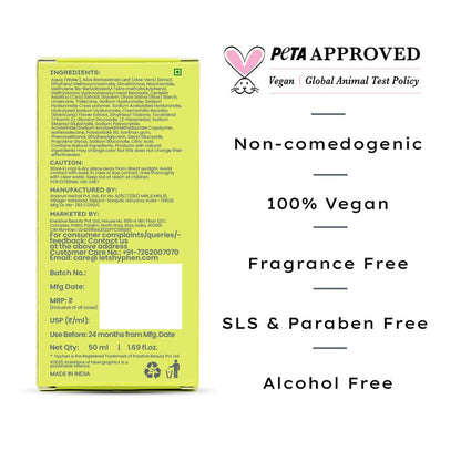 Product packaging with PETA approval and skincare benefits listed on a white background