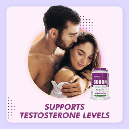 Couple embracing with a supplement bottle labeled 'Boron' on a light purple background