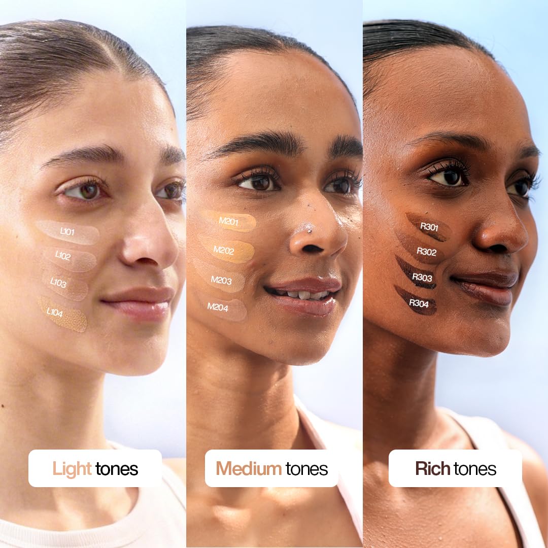 Three women with different skin tones showing makeup swatches on their faces.