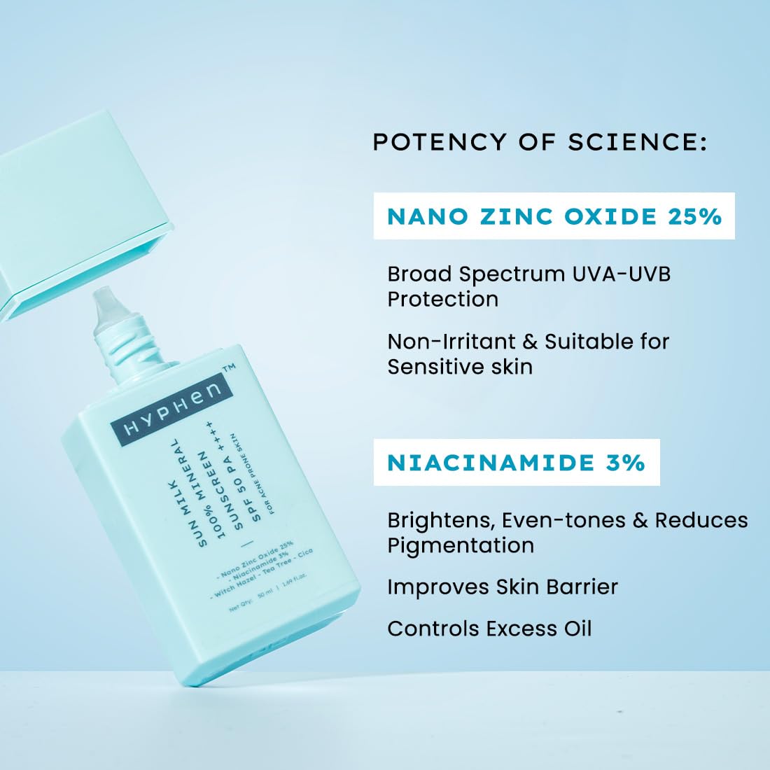 Skincare product with text highlighting nano zinc oxide and niacinamide on a light blue background