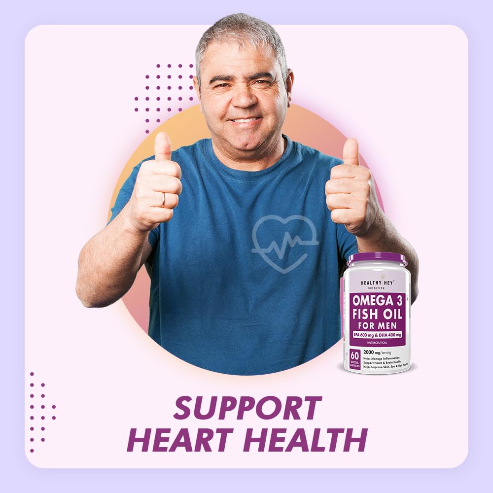 Man giving thumbs up with Omega 3 Fish Oil for Men bottle on a light purple background