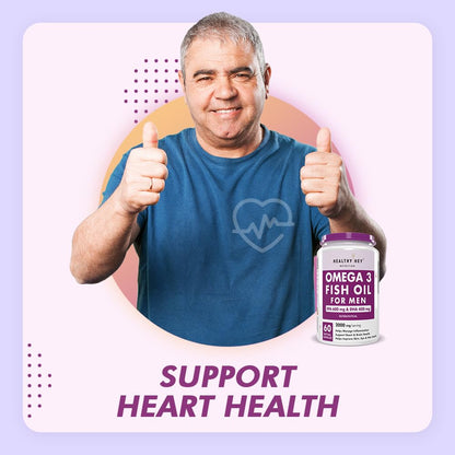 Man giving thumbs up with Omega 3 Fish Oil for Men bottle on a light purple background