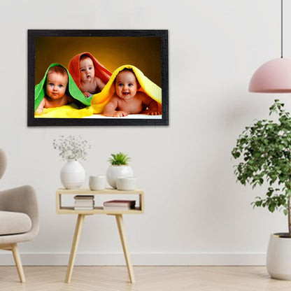 Three Smiling Baby | UV Coated Art Painting | Ready to Hang - (Wood, 14 x 20 inch)