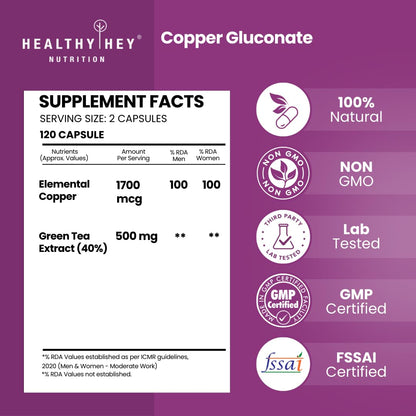 Supplement facts label for Copper Gluconate by Healthy Hey Nutrition on a purple background.