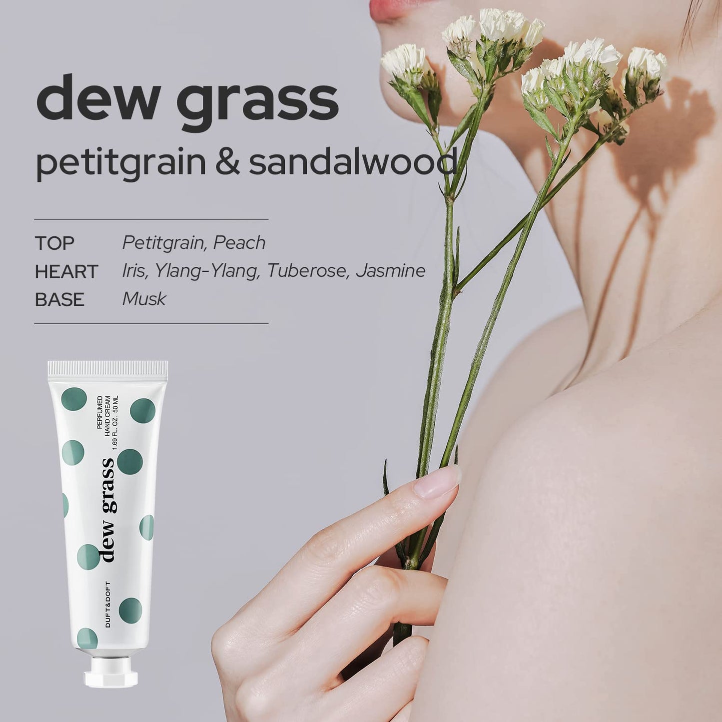 DUFT & DOFT Hand Cream for Dry Cracked Hands –Iris, Tuberose, and Sandalwood Scented Lotion - Moisturize Dry Skin and Repair Damaged Skin – Dew Grass Perfumed Hand Cream