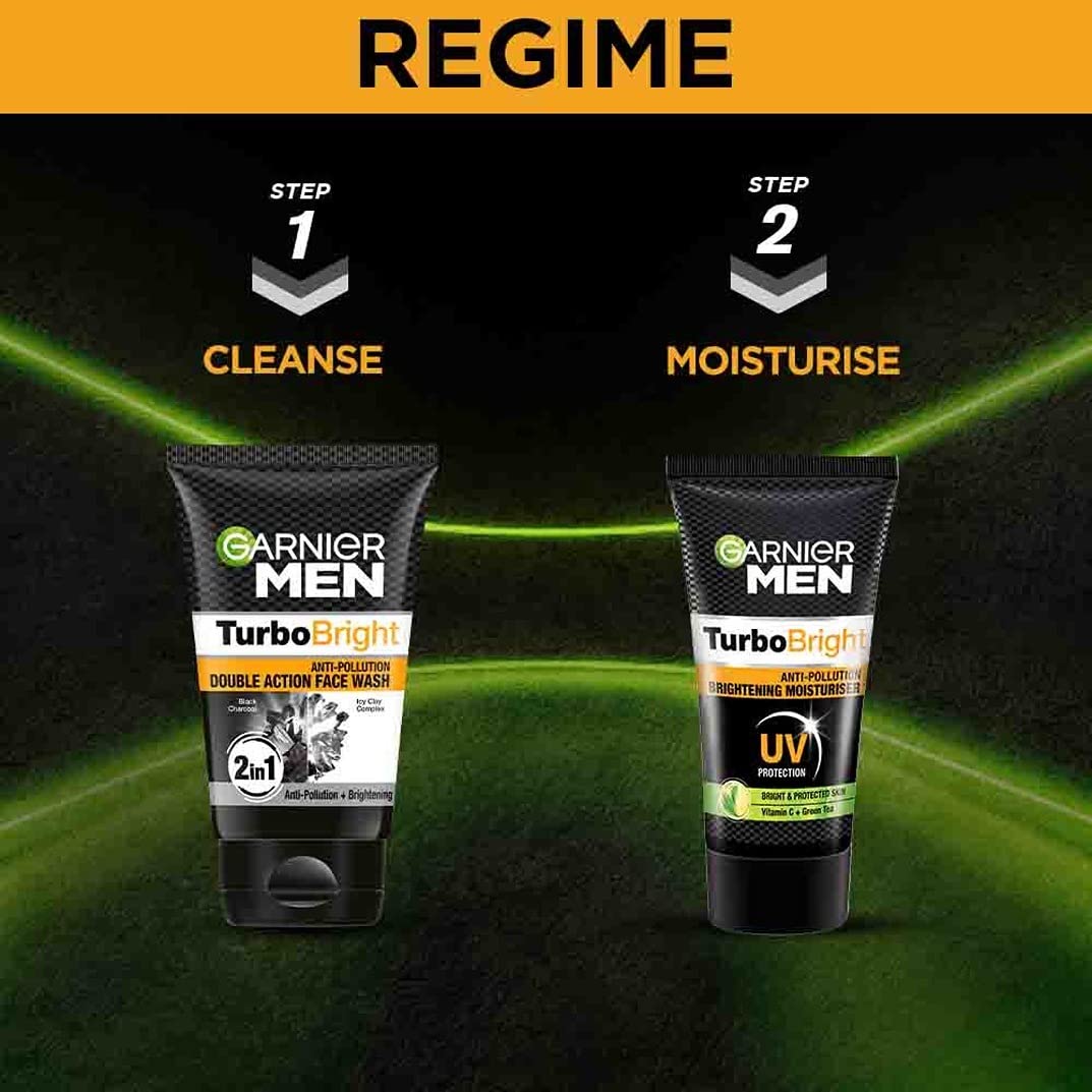 Garnier Men Turbo Bright face wash and moisturizer with 'Regime' text on a dark background