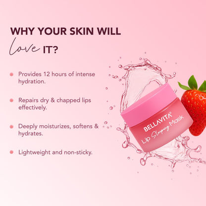 Pink lip balm jar with strawberry on a pink background, featuring text about product benefits.