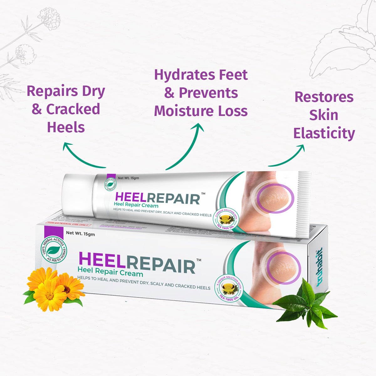 HeelRepair Cream with Herbal Extracts | Helps Soften Dry, Scaly & Cracked Heels | Nourishing Foot Care Formula for Smooth, Hydrated Skin | 15g