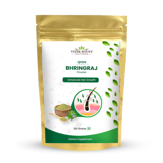 Vedik Roots Bhringraj powder packaging on a white background