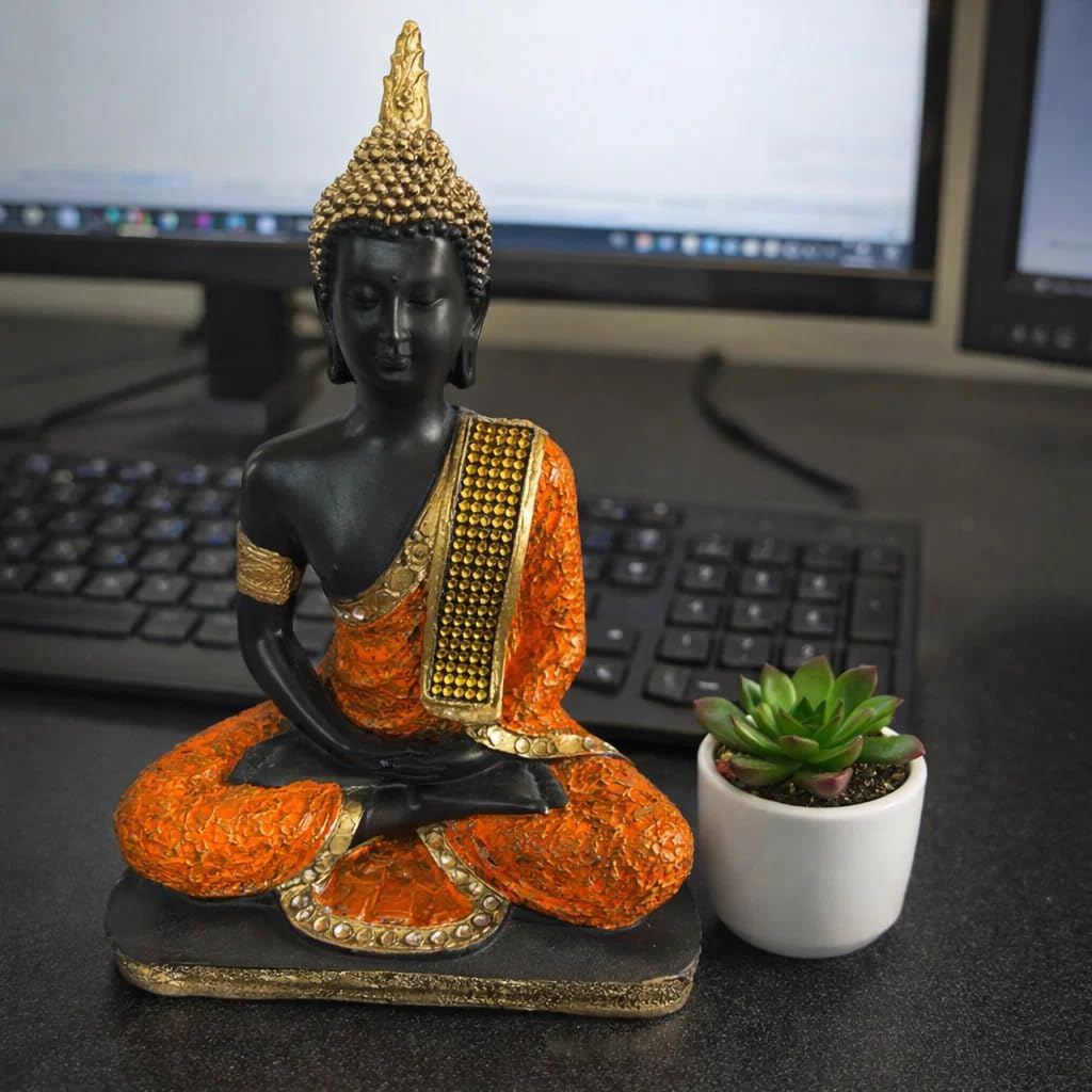 9 Inch Resin Meditating Buddha Statue | Handmade Decorative Idol for Home, Living Room, Office, Temple & Spiritual Decor | Black and Orange Gold Murti for Peace, Vastu & Gifting