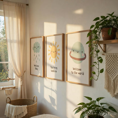 Baby Nursery Wall Painting Set of 3 with Wooden Frames | Cute Cloud Sun Planet Kids Room Wall Art | HD Sparkle Printed MDF Cartoon Wall Decor for Nursery, Baby Room & Kids Bedroom