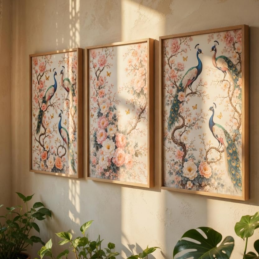 Peacock Floral Wall Painting Set of 3 with Wooden Frames | Elegant Bird & Blossom Artwork HD Sparkle Laminated MDF Wall Decor | Botanical Peacock Wall Art for Living Room Bedroom Hallway