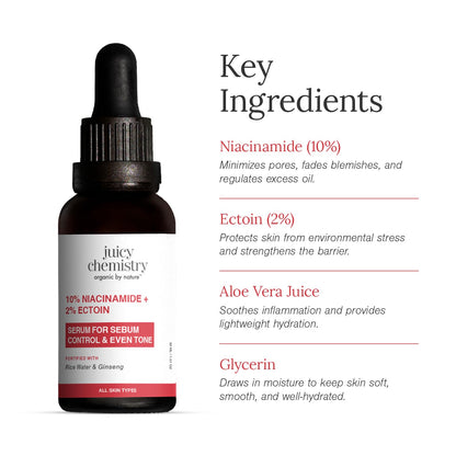 Juicy Chemistry 10% Niacinamide + 2% Ectoin Serum, 30ml | Brightening, Hydrating & Barrier-Repair Face Serum | Controls Excess Oil | Unclogs & Reduces Enlarged Pores | Calms Redness & Inflammation | Dermatologically Tested