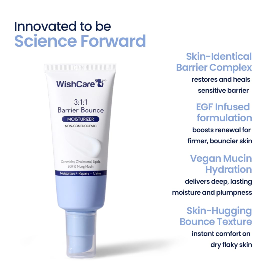 WishCare skincare product with features listed on a white background