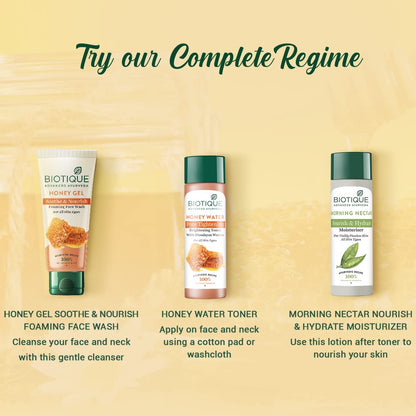 Biotique skincare products with product descriptions on a yellow background