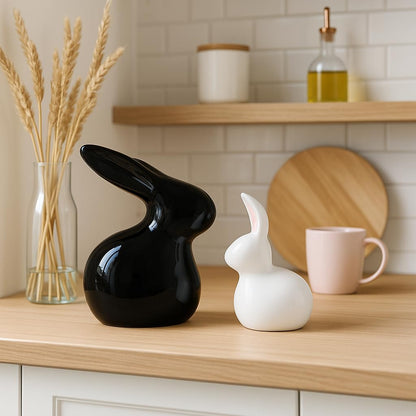 Home Décor Ceramic Rabbit Figurines (Set of 2, Black and White)
