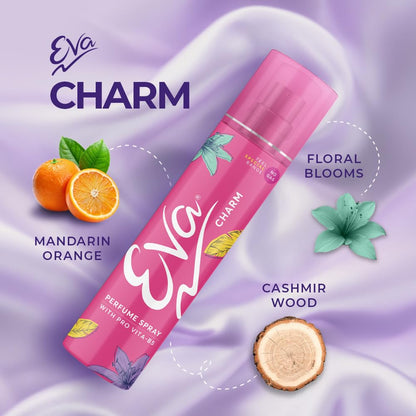 Eva Charm perfume spray with ingredients on a purple background