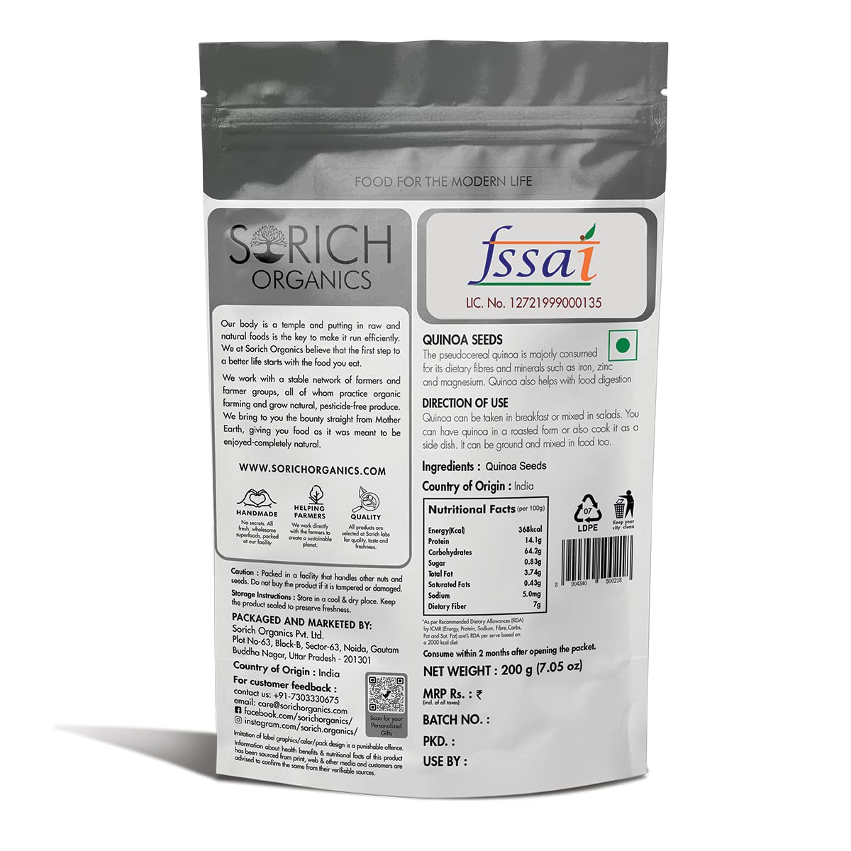 Sorich Organics Raw Quinoa Seeds for Eating Gluten Free Breakfast | High Protein and Fibre | Healthy Cereal for Breakfast | Ideal for Pilafs, Soups & Salads | High Protein & Fiber | Diet Food