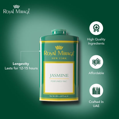 Royal Mirage Jasmine Deodorizing Talc for Women | Floral & Fresh Scent | Green Apple, Jasmine & Citrus Notes | Soft & Smooth Skin | Long-Lasting Fragrance | Talcum Powder for Women | 250gm