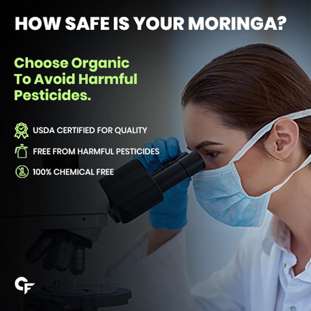 Person using a microscope with text about organic moringa safety and certification.