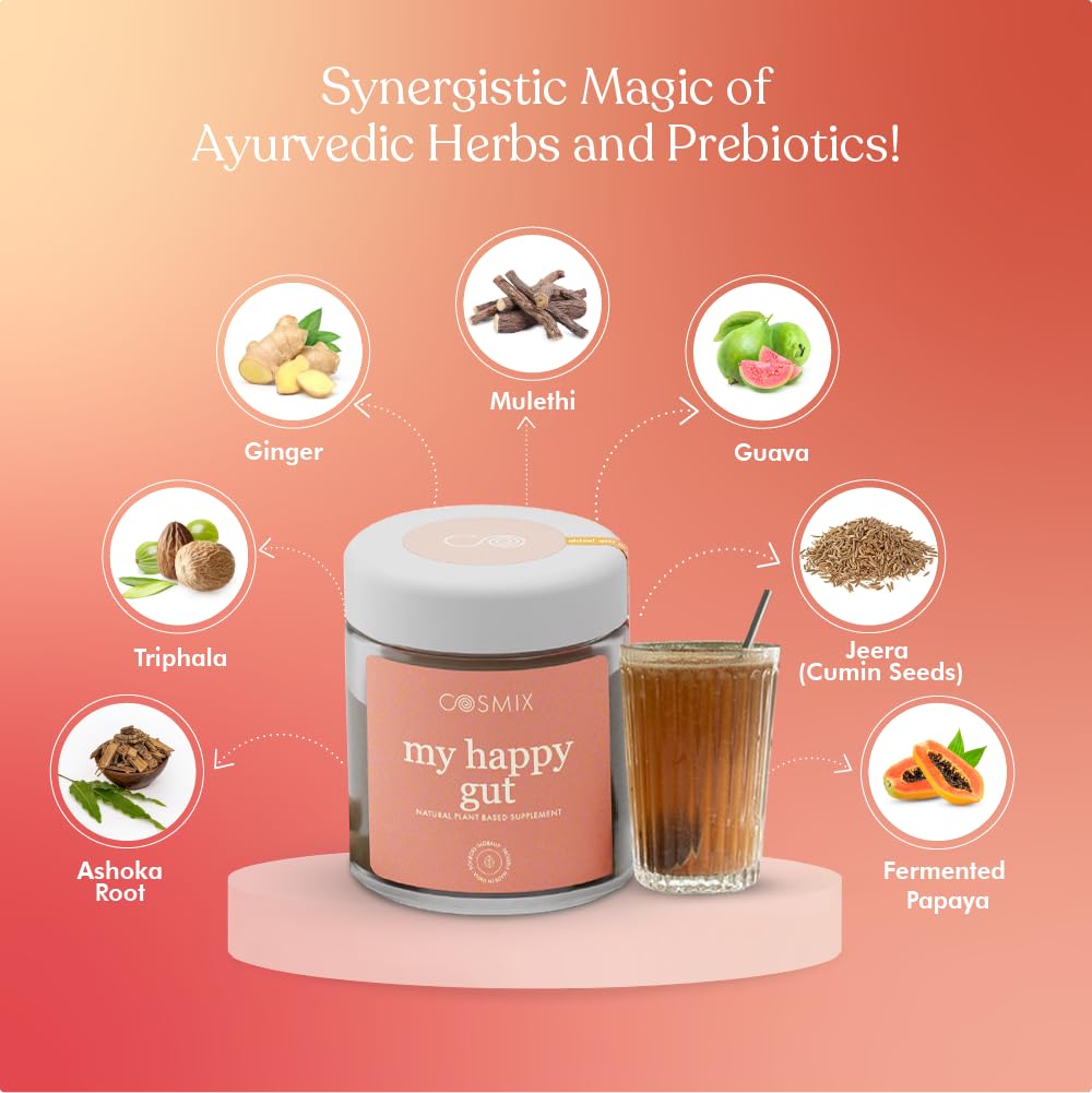 Cosmix my happy gut product with ingredients on a pink background