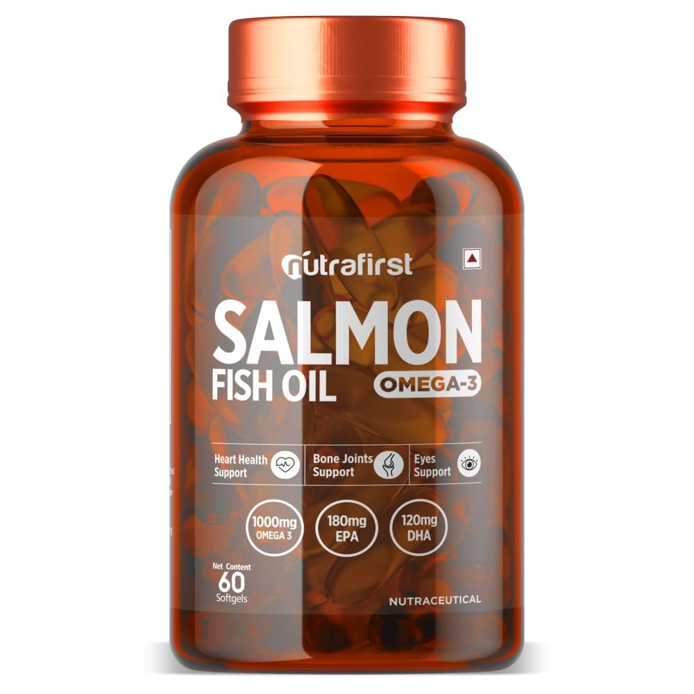 Nutrafirst Salmon Fish Oil Omega-3 Capsules (60 Softgels) (1000mg) | EPA 180mg & DHA 120mg | Supports Heart, Brain, Eye & Joint Health | No Fishy Burps | For Men & Women