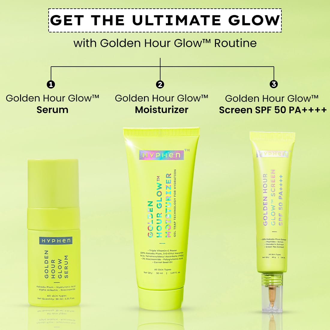 Three skincare products from Hyphen on a green background with text about the Golden Hour Glow routine.