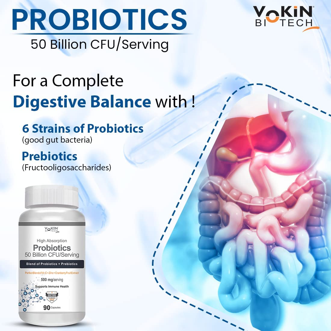 Probiotic supplement bottle with Vokin Biotech branding and digestive system illustration on a blue background.