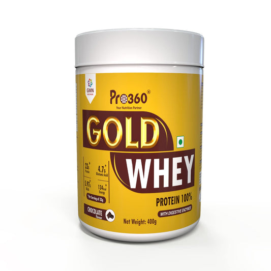 Pro360 Gold Whey Protein - Chocolate - (100% Whey Protein with Digestive Enzymes, 23g Protein, 5.97g BCAA, 4.7g Glutamic Acid per Serving) (400g pack)