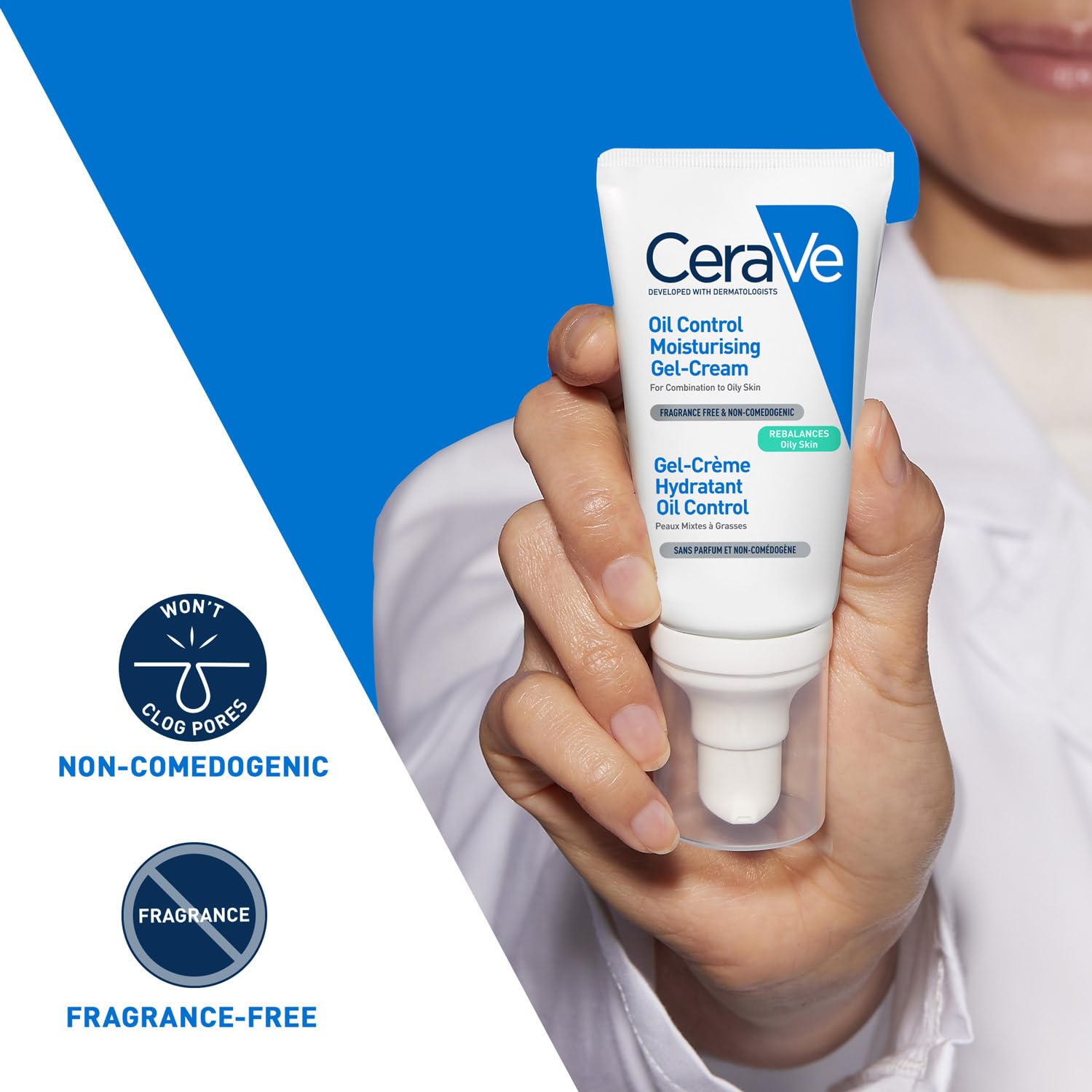 CeraVe oil control moisturizing gel-cream held in a hand with product features highlighted.