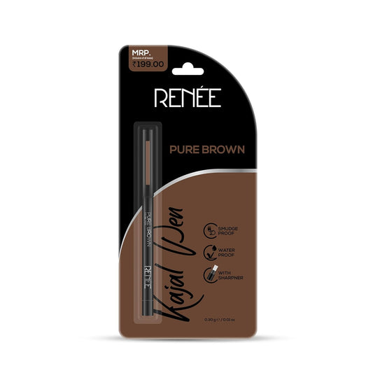 RENEE Pure Brown Kajal Pen with Sharpener |24 Hrs Stay Long Lasting Kohl Pencil |Matte Finish, Rich Color Payoff |Smudge & Water Proof with One Swipe Application Formula - 0.30gm