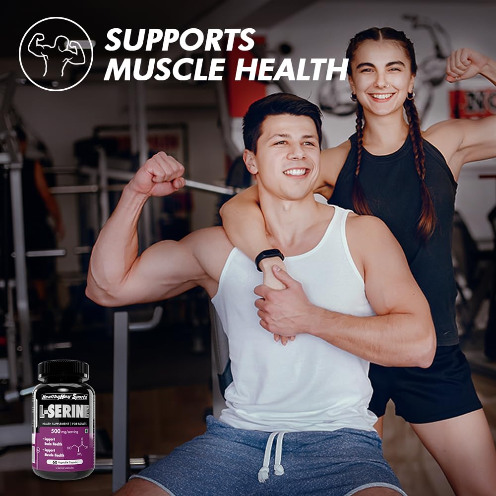Two people in a gym setting with a bottle of L-Serine supplement, text 'Supports Muscle Health'.