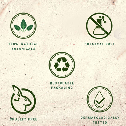 Set of green icons representing eco-friendly and safety attributes on a textured beige background.