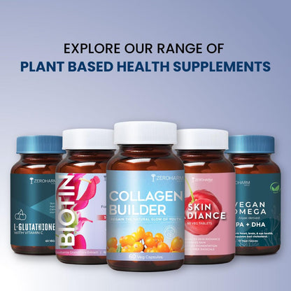 ZEROHARM Collagen Builder with Seabuckthorn, Vitamin C, Panax Ginseng & Biotin | Veg Collagen for Skin, Hair, & Joints | Plant-based Supplement for Youthful Skin | 60 Capsules