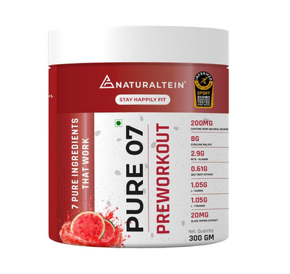Preworkout supplement container with Naturaltein branding on a white background
