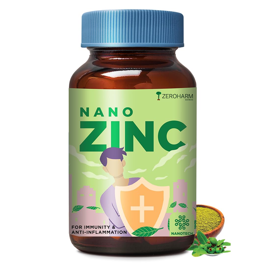 ZEROHARM Nano Zinc Tablets | Guava Leaves Extract | High Absorption Zinc Supplement for Immunity, Skin, Hair, Bone, Vision & Cognitive Health | For Men & Women | 600mg per Serving | 60 Veg Tablets
