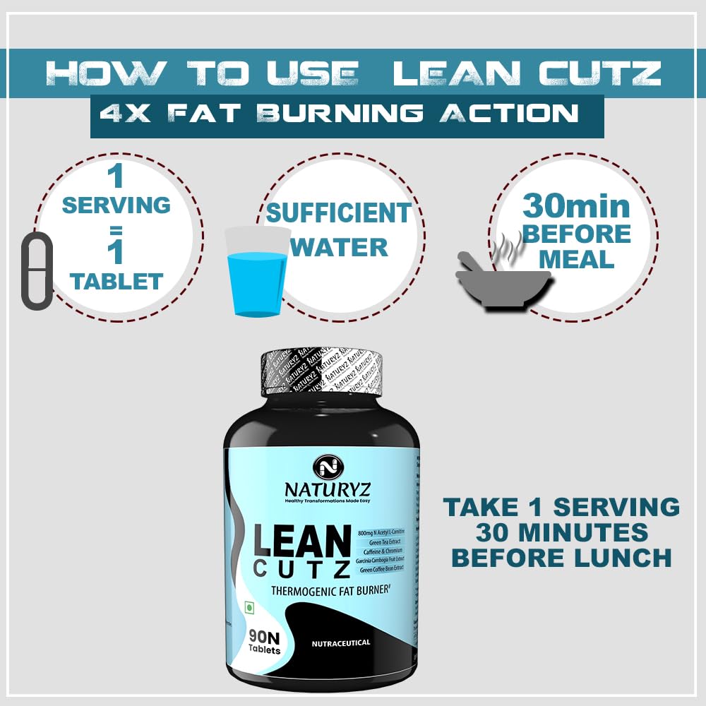 Naturyz Lean Cutz supplement bottle with usage instructions on a gray background