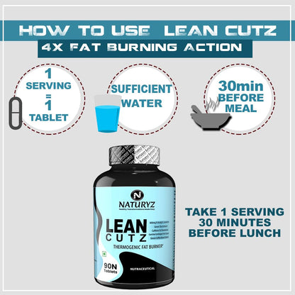 Naturyz Lean Cutz supplement bottle with usage instructions on a gray background