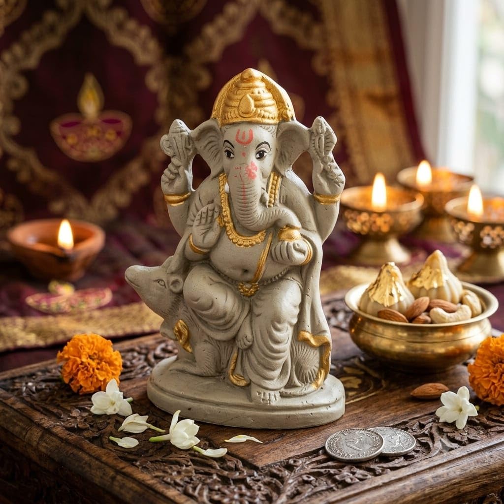 SAUDEEP INDIA Handmade Mitti Ganesh Idol with Real Gold Polish On Mukut | Eco-Friendly Handcrafted Mud/Clay Ganesh Murti | Ganpati Figurine for Visarjan | Biodegradable Mushak Ganesha Statue
