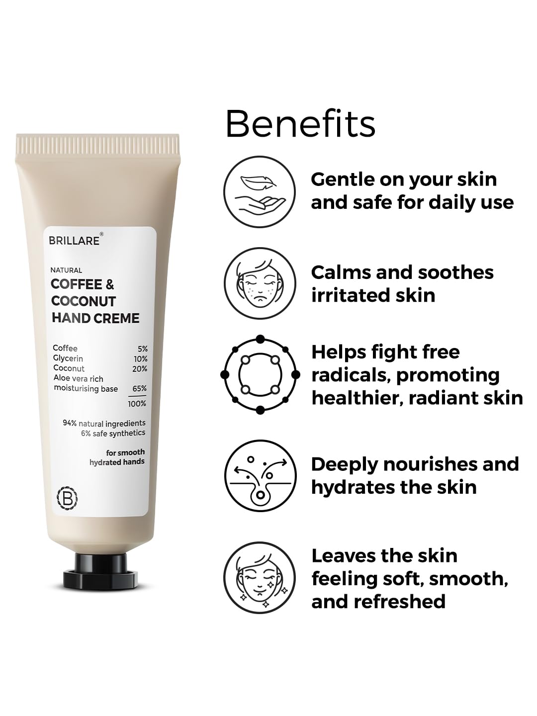Brillare Coffee & Coconut Hand Cream with Glycerin & Aloe Vera for Dry Hands, Deep Moisturizing Hand Cream