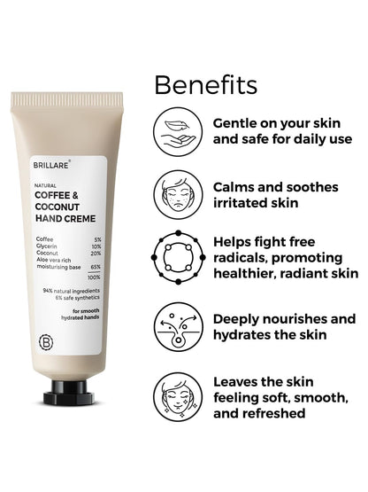 Brillare Coffee & Coconut Hand Cream with Glycerin & Aloe Vera for Dry Hands, Deep Moisturizing Hand Cream